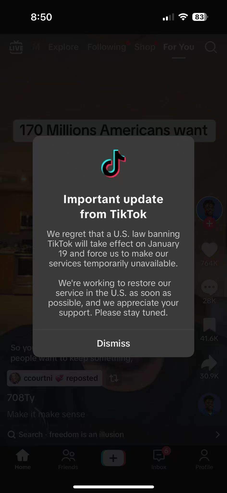 TikTok通知美国用户将暂停服务